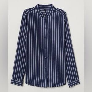 Navy Blue Striped women button up blouse size XS H&M